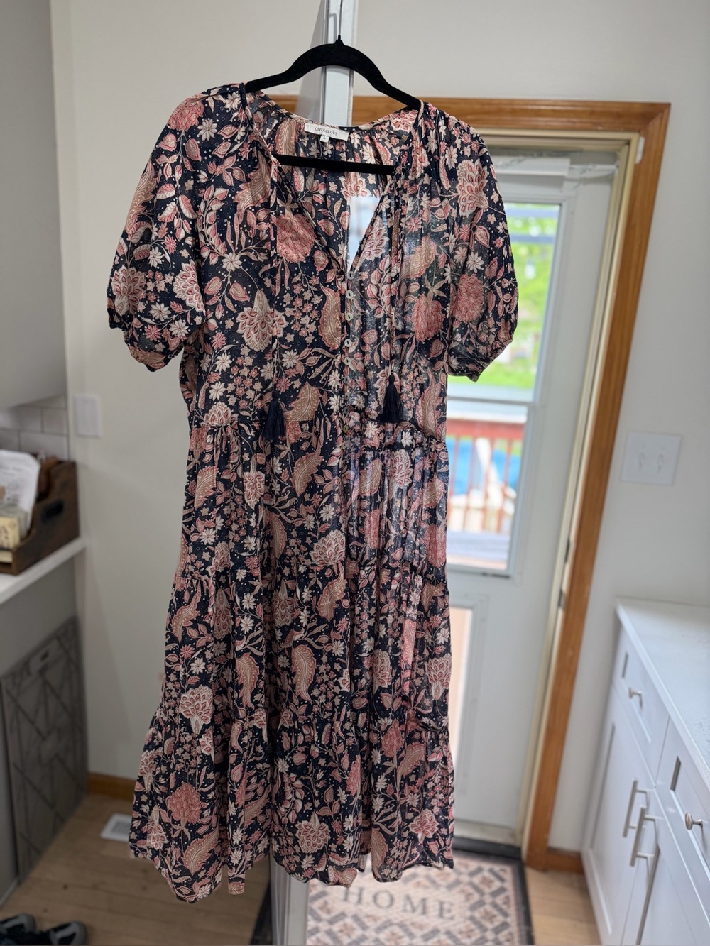 Olivaceous Floral Tiered Midi Dress with Blush Pink Print